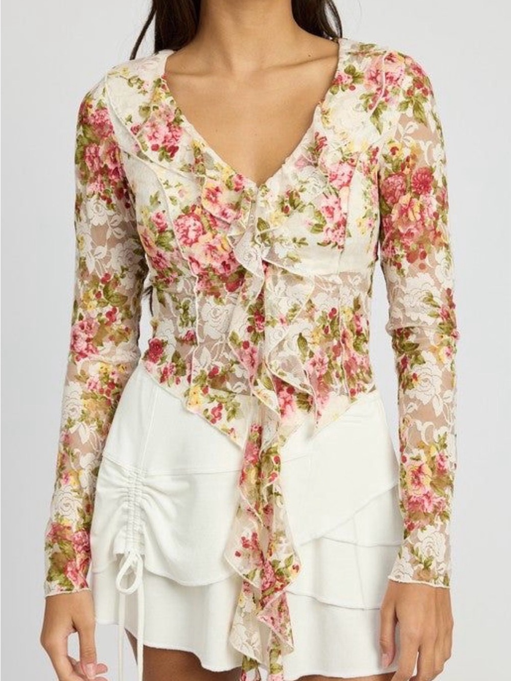 emory park White Sheer Floral Lace Tie-Front Blouse with Pink & Green Flowers